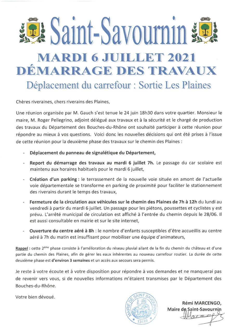 Mairie Saint-Savournin Démarrage travaux chemin des plaines mardi 6 juillet 2021