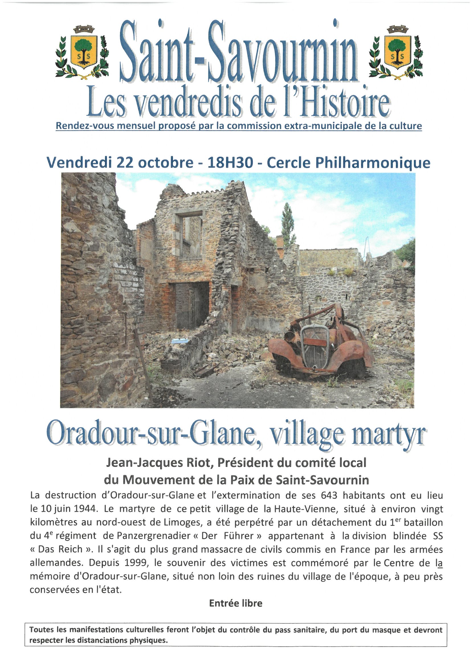 Mairie Saint Savournin 22 oct 21 rendez-vous de l'histoire avec Oadour-sur-Glane, village martyr 18h30