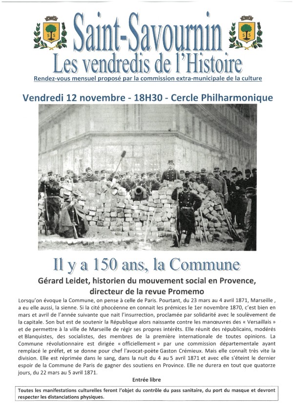 Mairie Saint Savournin Vendredi histoire 12 nov 2021 il y a 150 ans, la commune 18h30 cercle philharmonique