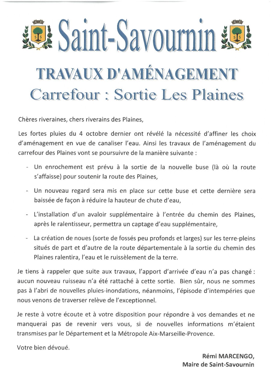 Mairie Saint-Savournin travaux aménagement Les Plaines 8 octobre flyer