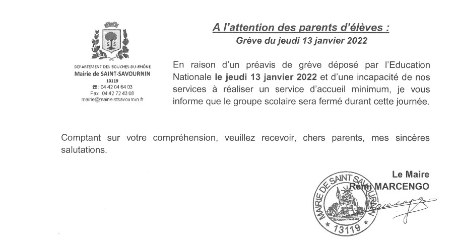 Mairie Saint-Savournin fermeture groupe scolaire jeudi 13 janvier 2022