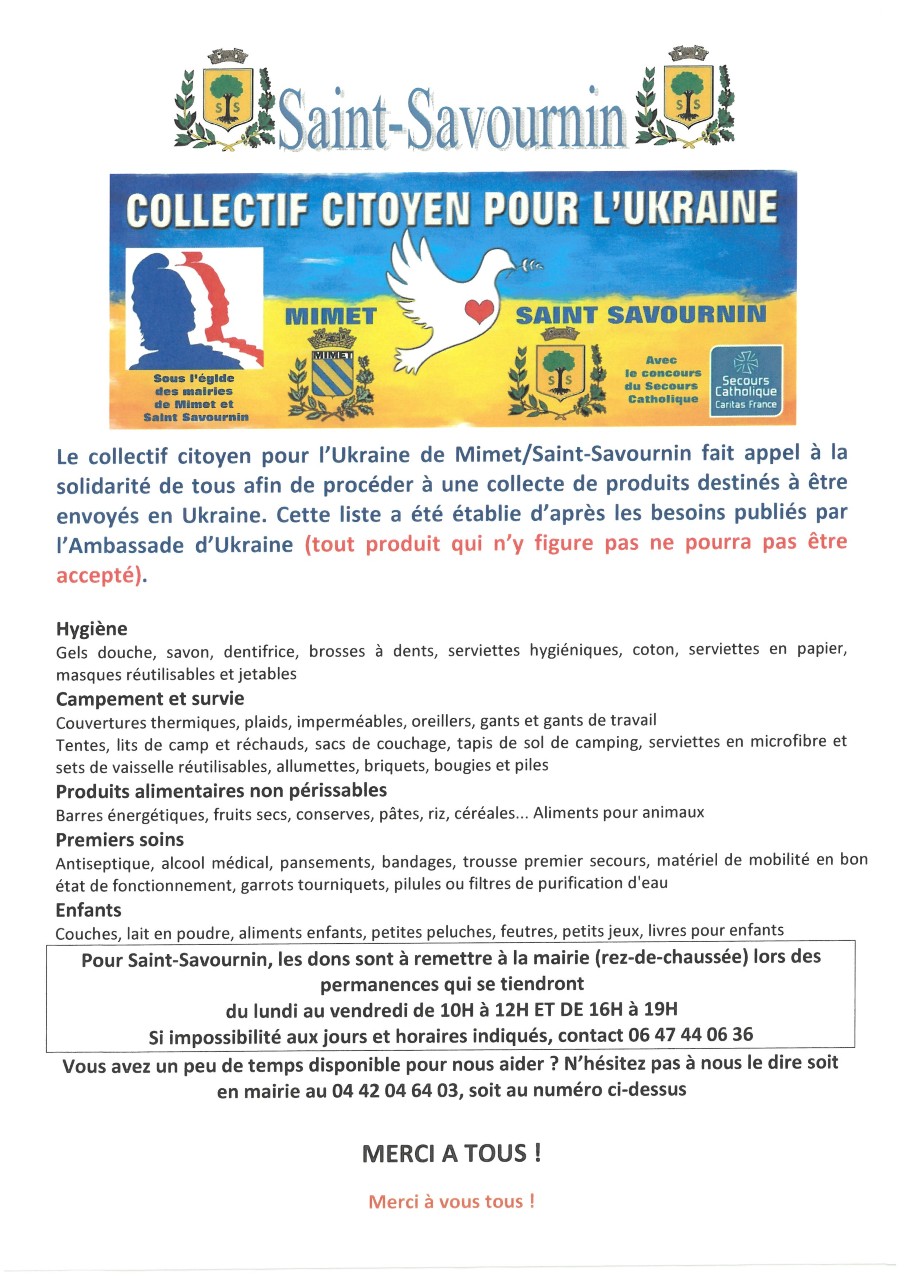 Mairie Saint-Savournin collecte ukraine collectif citoyen Mimet Saint-Savournin