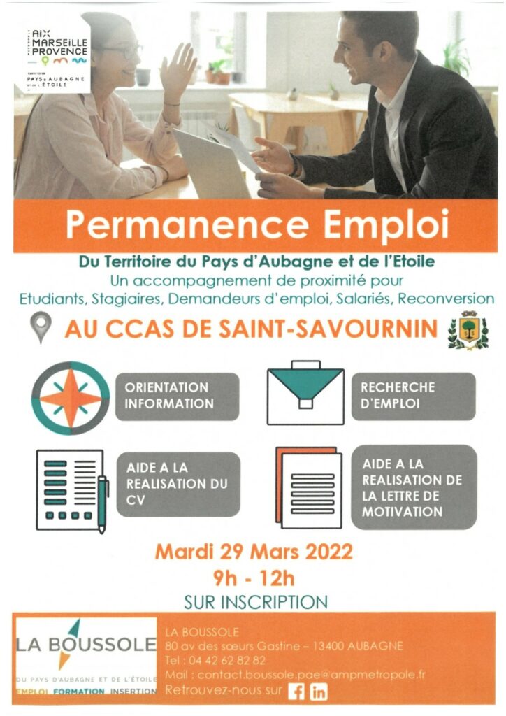 Mairie Saint-Savournin permanence emploi mardi 29 mars 2022 au CCAS