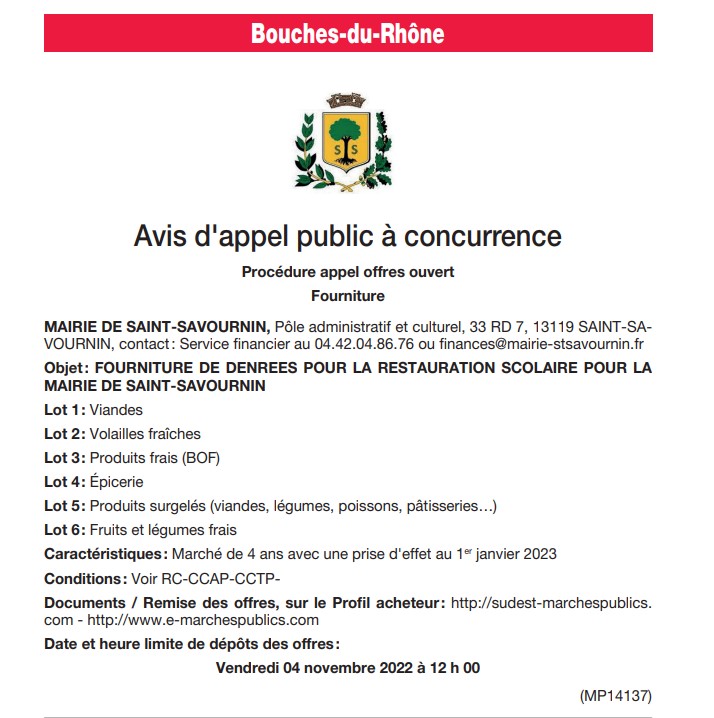 Mairie Saint-Savournin Avis d'appel à concurrence jusqu'au 4 nov 2022 Restauration scolaire