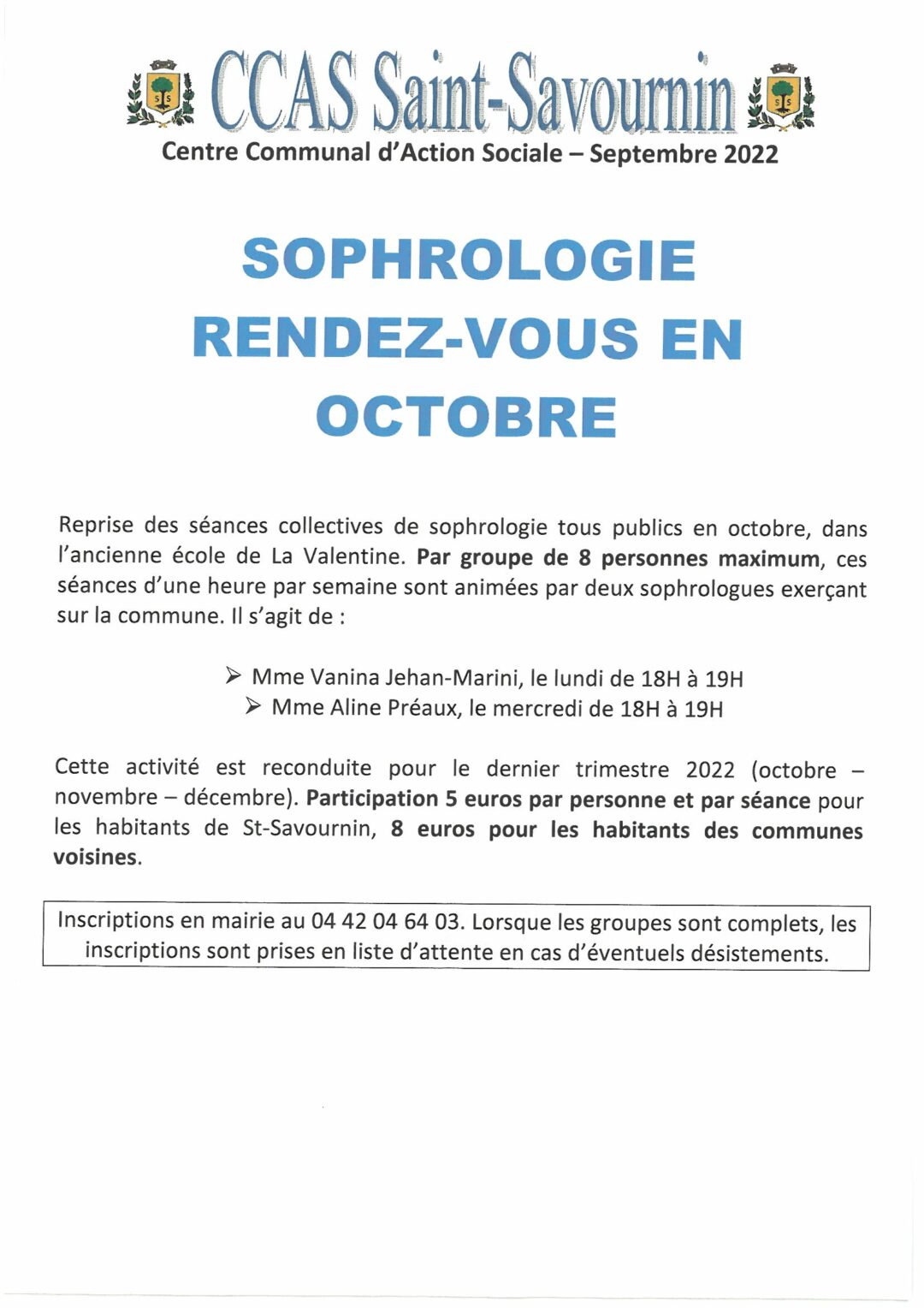 Mairie SAint-Savournin CCAS sophrologie calendrier séances 4ème trimestre 2022