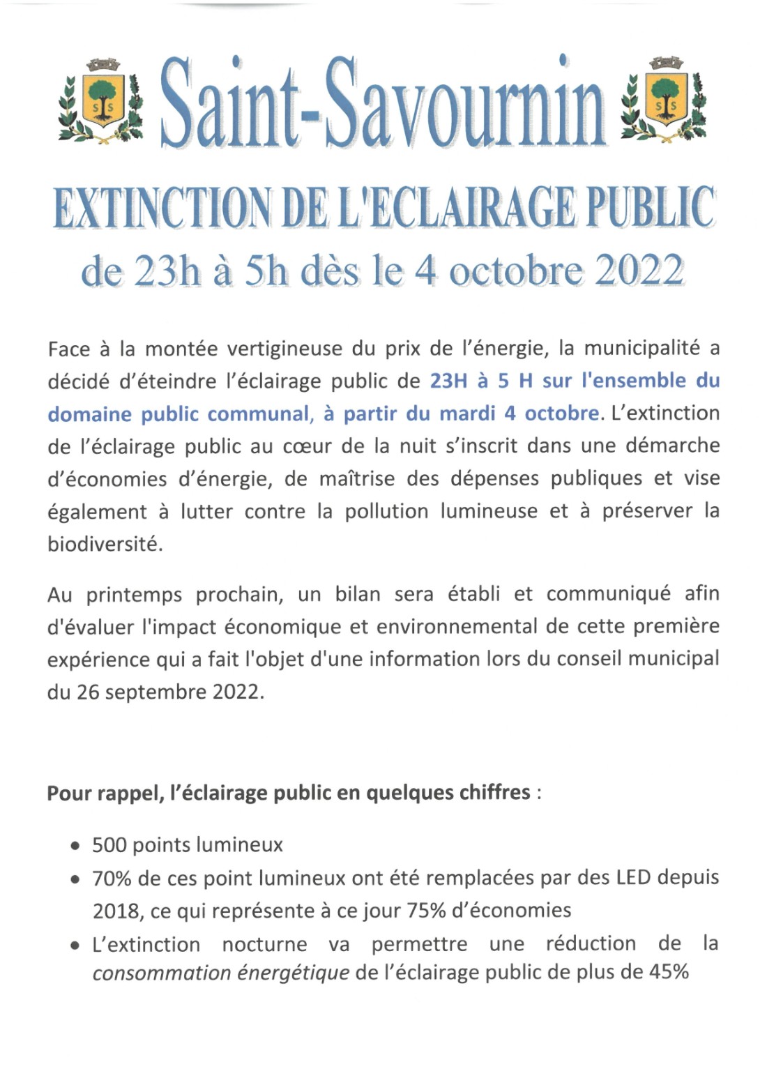 Mairie Saint-Savournin extinction éclairage public nocturne de 23h à 5h du matin dès le 4 oct 2022