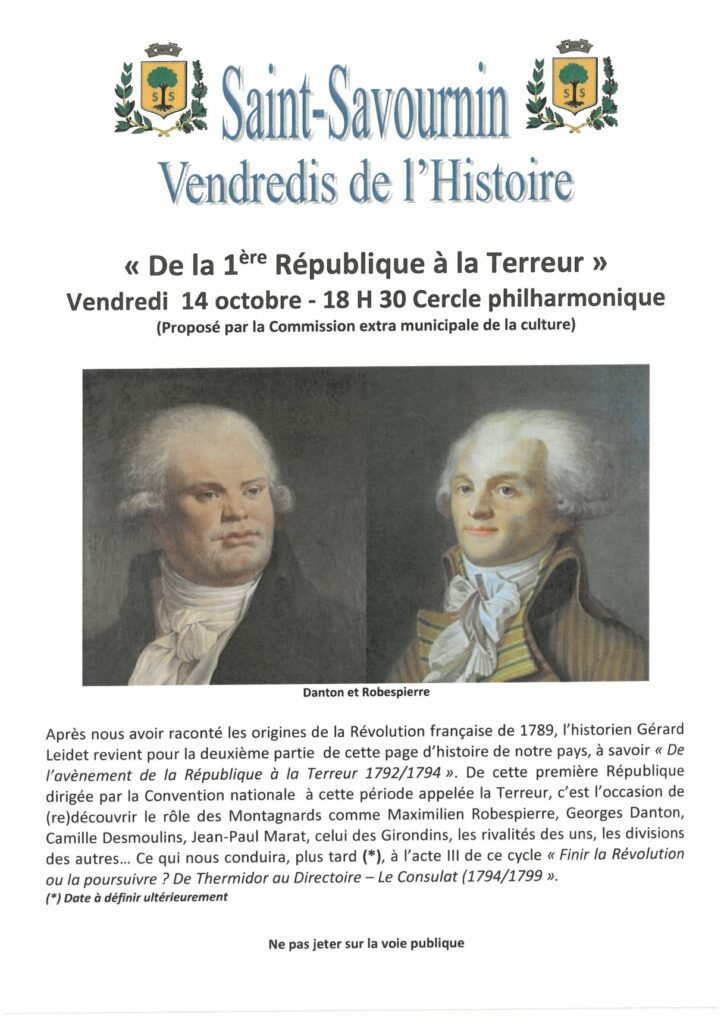 Mairie Saint-Savournin Vendredi Histoire 14 oct 2022 flyer De la 1ère république à la Terreur par G Leidet