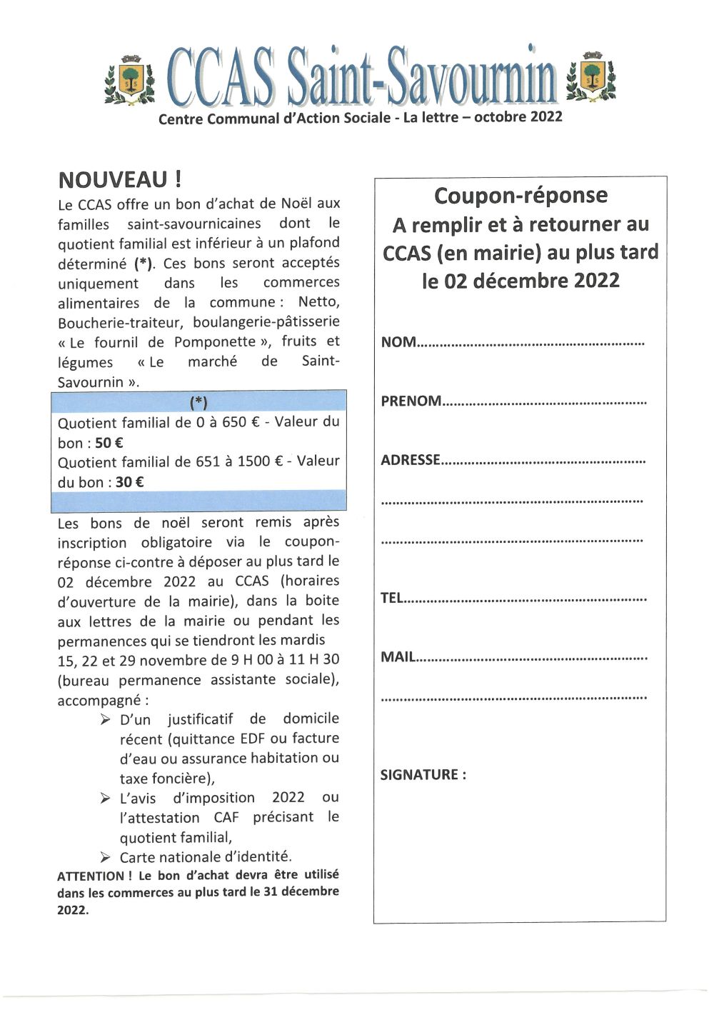 Mairie de Saint-Savournin CCAS Bon d'achat alimentaire de Noël offert sous condition