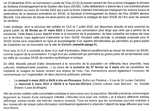 Mairie Saint Savournin Concertation publique de la révision du SAGE de l'Arc 4 et 8 mars 2023