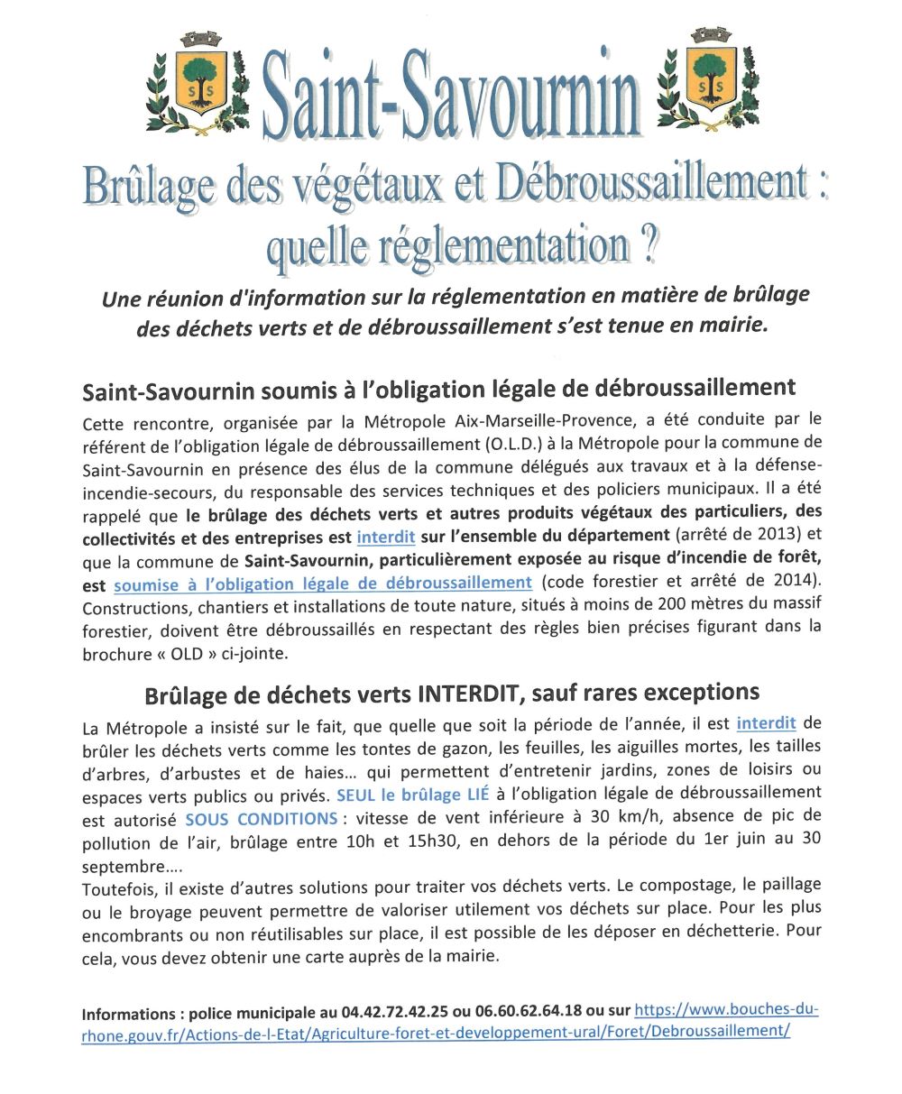 Mairie Saint-Savournin brûlage des végétaux et débroussaillement : quelle règlementation ? (flyer)