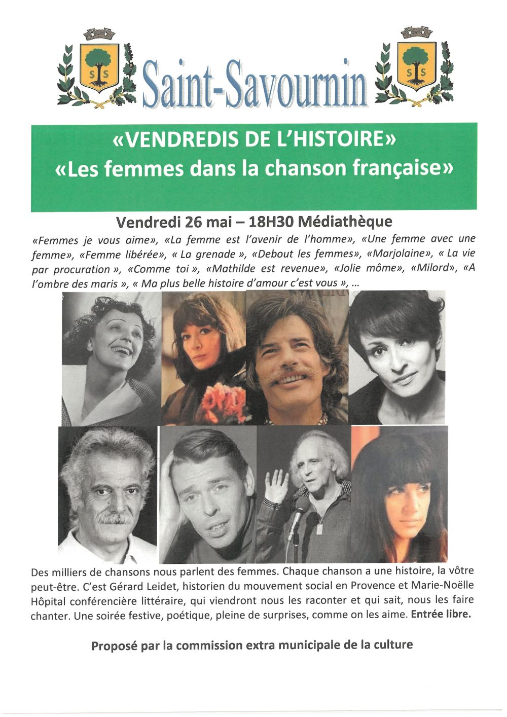 Mairie Saint-Savournin vendredi de l'histoire Les femmes dans la chanson française 26 mai 2023