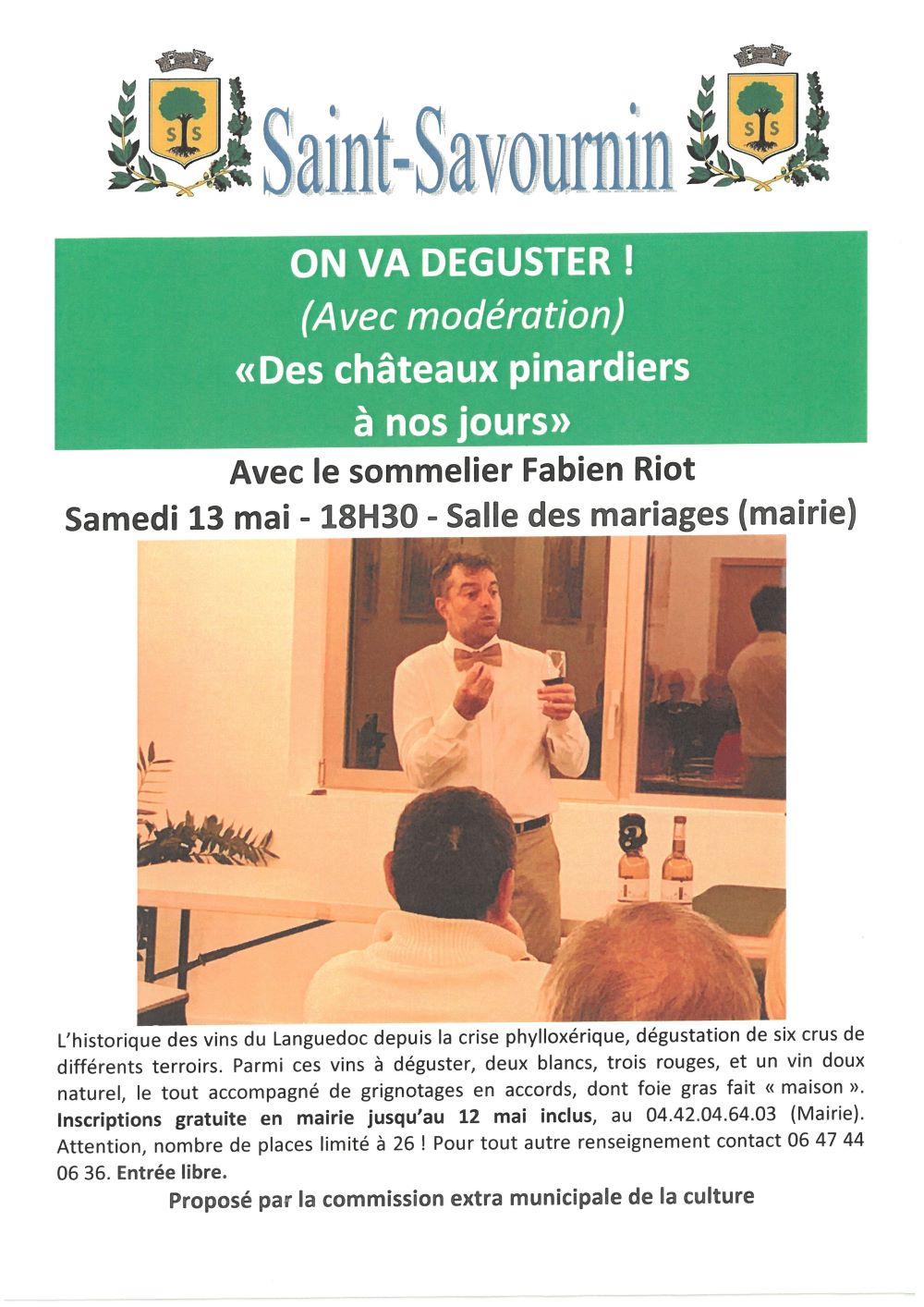 Mairie Saint-Savournin Dégustation de vin samedi 13 mai 2023 par Fabien Riot - flyer