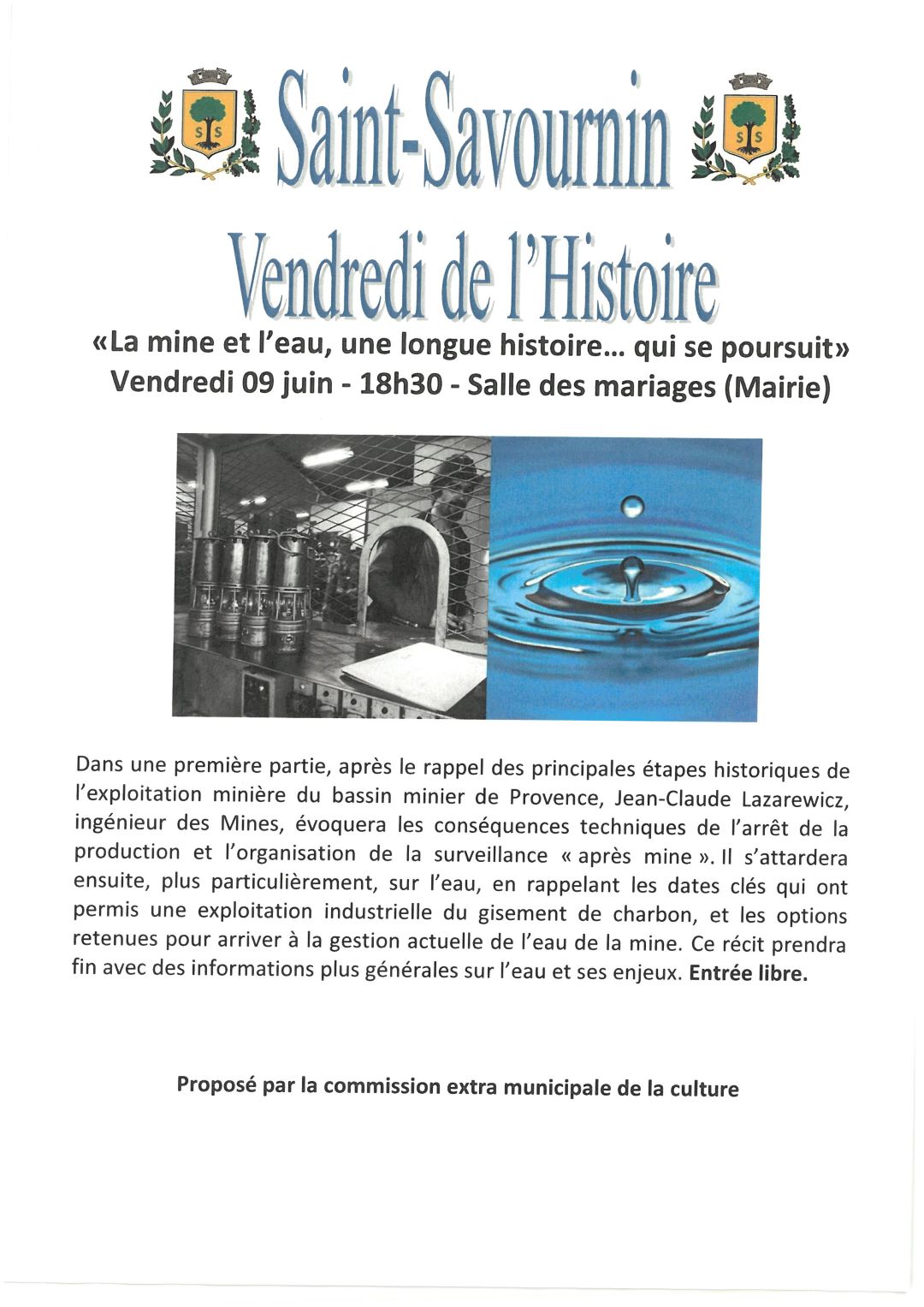 mairie Saint Savournin présentation mine et l'eau 9 juin 18h30 Vendredis de l'Histoire - salle des mariages