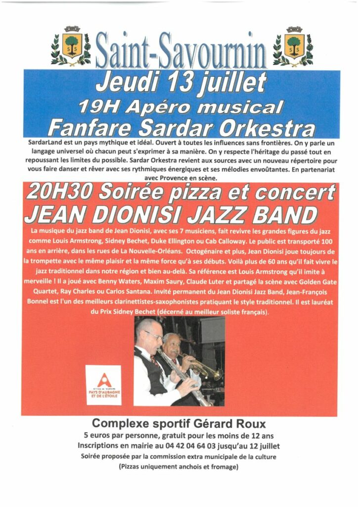 Mairie saint-savournin soirée fête nationale pizza concert 13 juillet 2023