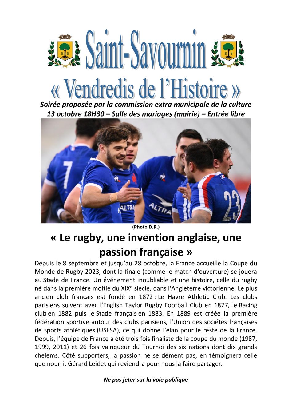 Mairie Saint-Savournin vendredi de l'histoire 13 oct 2023 Rugby invention anglaise, passion française - présentation