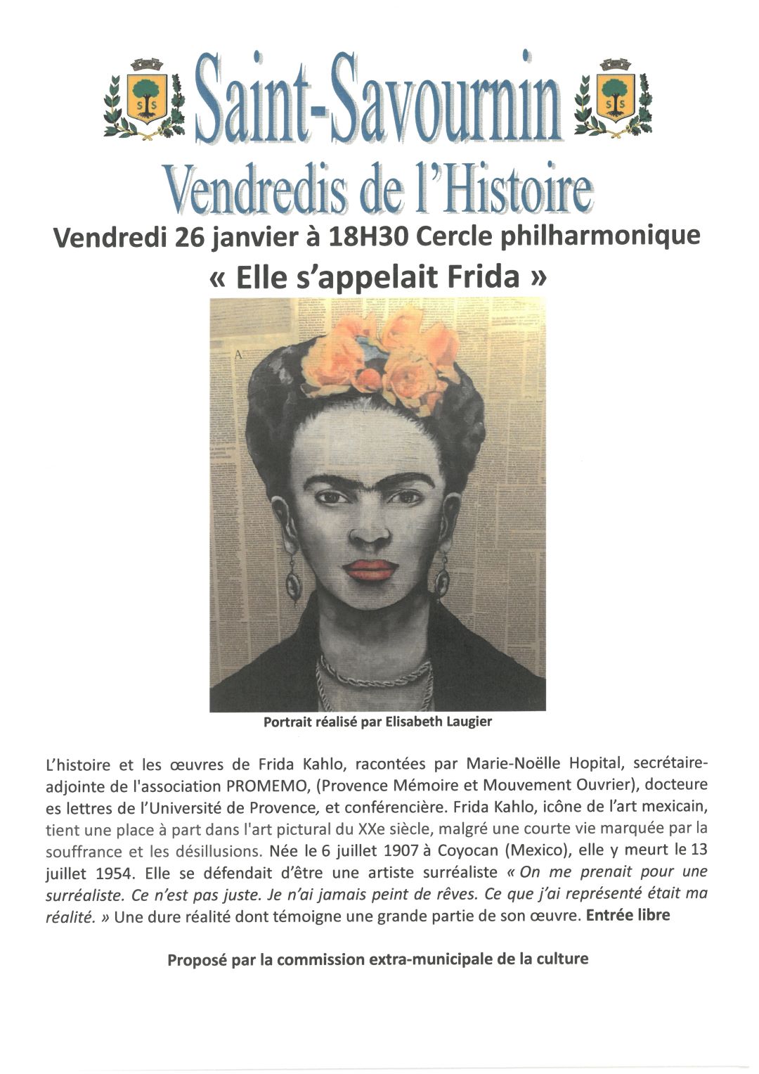 Mairie Saint-Savournin Vendredi de l'Histoire 26 janvier 2024 - Frida Kahlo