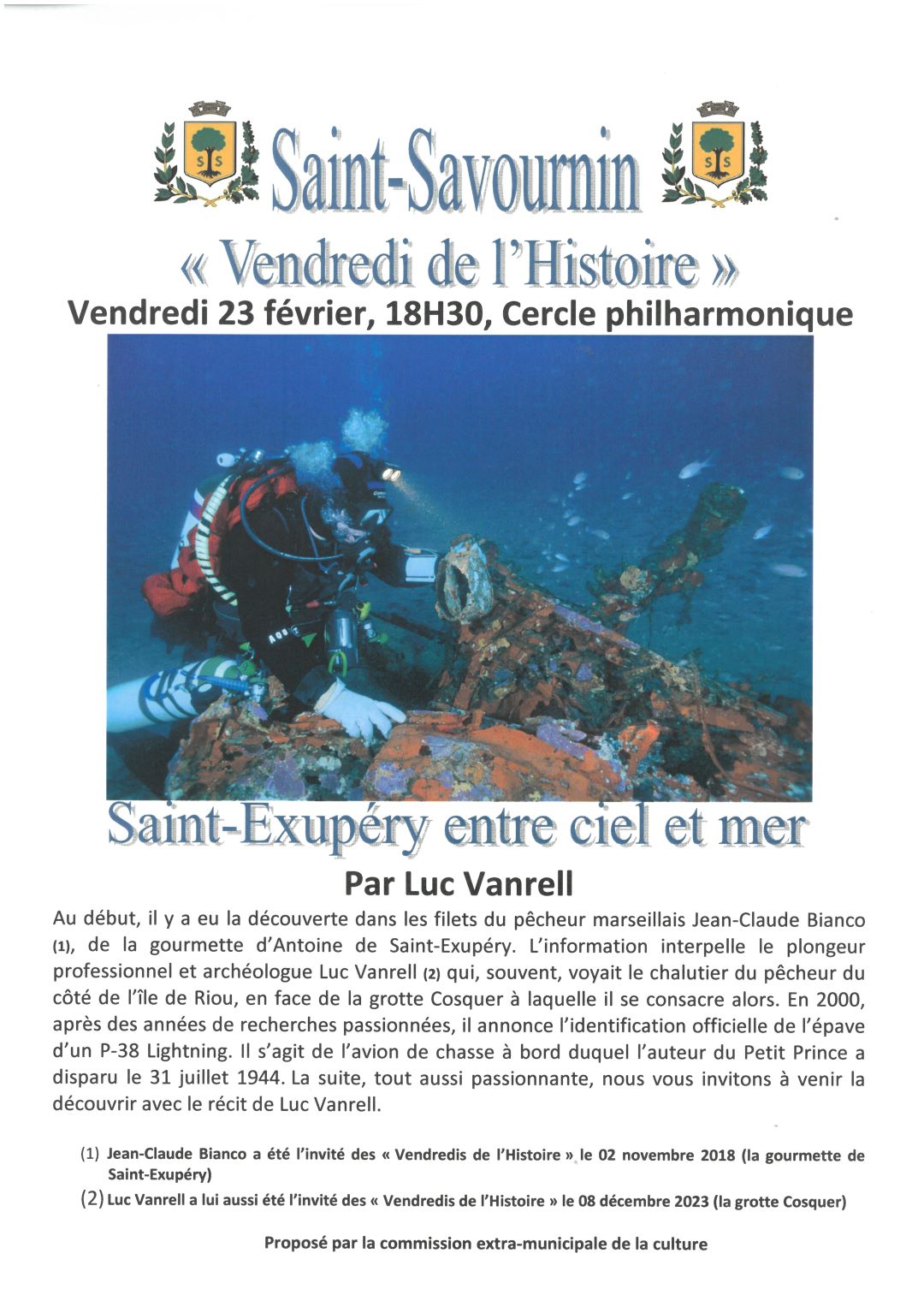 Mairie Saint-Savournin Saint-Exupéry entre ciel et mer 23 fevrier vendredi histoire